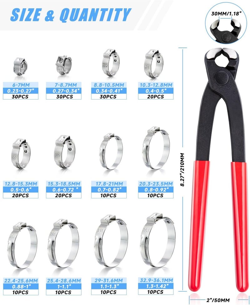 PEROMI 210PCS 304 Stainless Steel Single Ear Hose Clamp Assortment Kit - 12 Sizes (6-36.1mm) Stepless Adjustable Cinch Clamps with Pincer Tool for Automotive, Plumbing, Garden & Industrial Use - Image 5